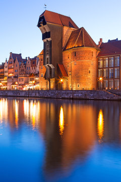 Old town of Gdansk with ancient crane at night, Poland