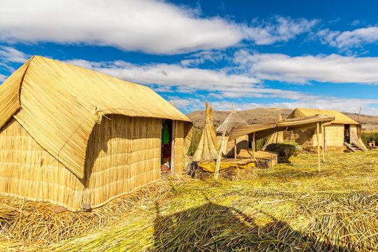 Thatched home on Floating  Islands on Lake Titicaca Puno, Peru