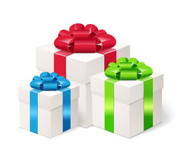 Set of colorful gift boxes with bows and ribbons.