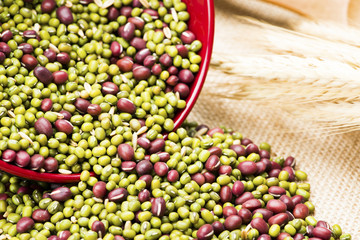 bowl of mixed beans on the burlap with wheat