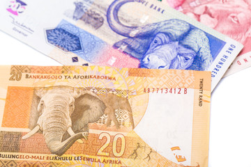 Close up of 20 50 100 South African currency