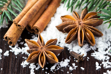 Star anise and cinnamon sticks on snow, christmas tree, winter