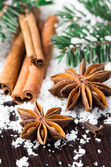 Star anise and cinnamon sticks on snow, christmas tree, spices