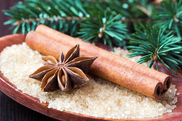 Star anise and stick of cinnamon on spoon with cane sugar