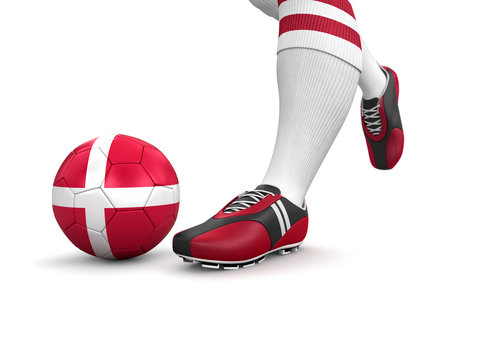 Man and soccer ball  with Danish flag (clipping path included)