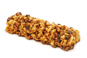 Cereal bar with chocolate isolated on white background