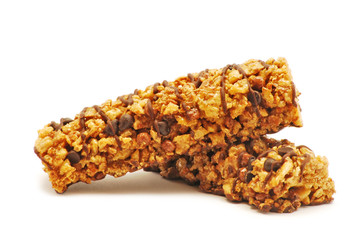 Cereal bar with chocolate isolated on white background