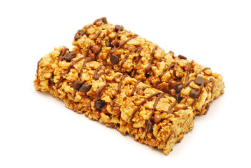 Cereal bar with chocolate isolated on white background