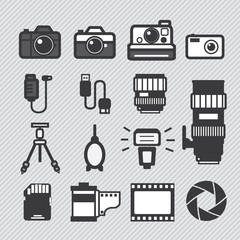Photography camera lens and accessories set vector icons