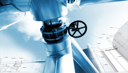 Sketch of piping design mixed with industrial equipment photos