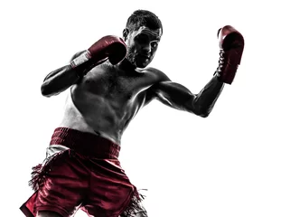 Fotobehang one man exercising thai boxing silhouette © snaptitude