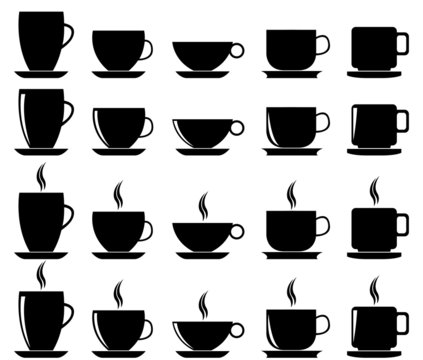 Set of coffee and tea cups illustrated on white