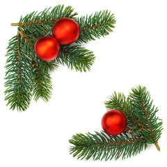 Christmas baubles and pine branches background, isolated.