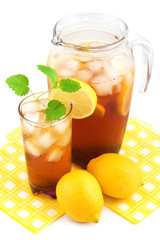 Lemon ice tea on white background.
