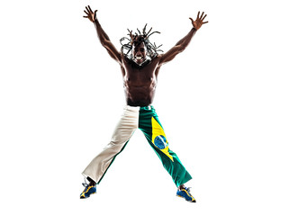 Obraz na płótnie Canvas brazilian black man jumping arms outstretched