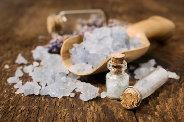 sea salt with lavender in wooden scoop