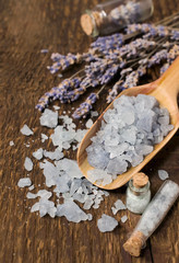 sea salt with lavender on a wood
