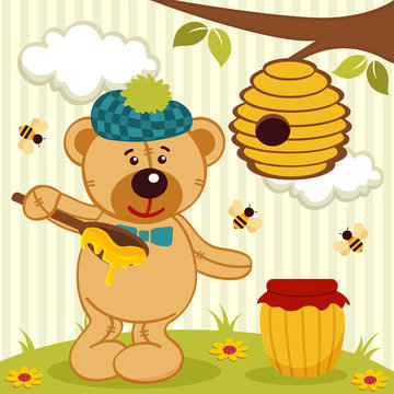 teddy bear near beehive - vector illustration