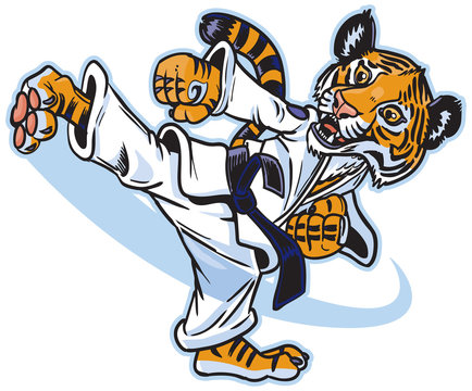 A Tiger Cub Martial Artist Kicking Vector Cartoon