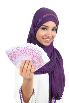 Beautiful Arab Woman Holding And Showing Money