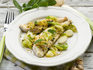 fish fillet with pistachio sage and leek