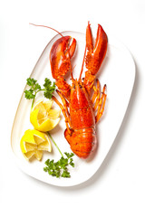 Lobster on dish with parsley and lemon slices
