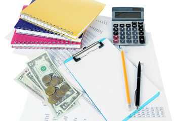 Office supplies with money and documents close up