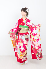 Beautiful asian kimono woman on white background