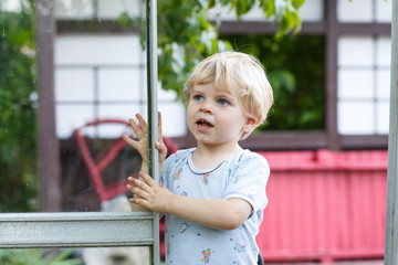 Little toddler boy playing in summer garden.