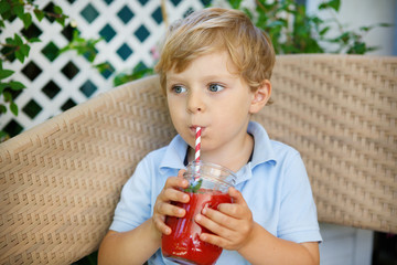 Little blond boy drinking healthy watermelon juice in summer.
