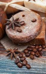 Handmade soap with coffee beans, cinnamon and anise star