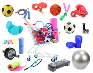 Sports equipment collage isolated on white