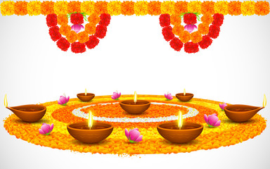 Decorated Diwali Diya on Flower Rangoli