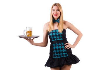 Young waitress with beer on white