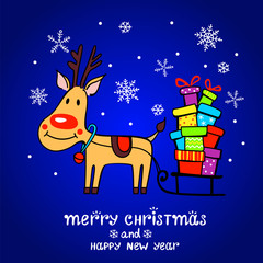 Christmas card with cute deer and gifts
