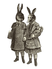 Plakat Deux lapins main dans la main sur fond blanc