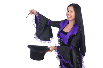 Woman magician isolated on the white