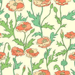 Pastel colored poppy flowers elegant seamless pattern, vector