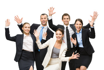 Group of happy business people with hands up