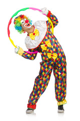 Clown with hula hoop isolated on white