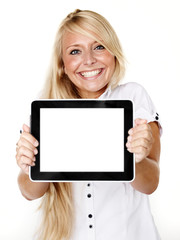 Woman presenting her tablet pc with copyspace © Karin & Uwe Annas