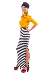 Model wearing fashionable clothing on white