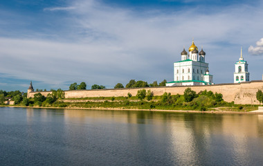 Pskov Kremlin (Krom) and the Trinity orthodox cathedral, Russia.