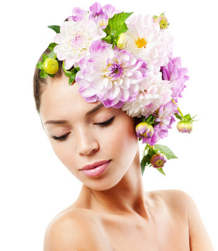 fashion model with   flowers in her hair.