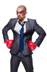 Badly beaten businessman with boxing gloves