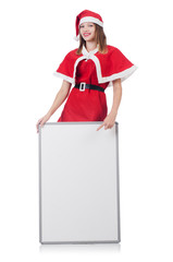 Young woman in red santa costume on white