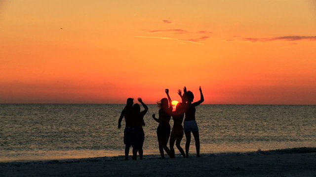 Silhouetted College Friends Laughing Dancing Beach Party 