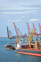 Bulk cargo ship under port crane bridge, Odessa, Ukraine