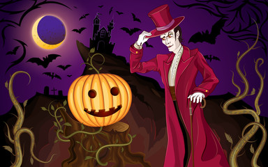 Halloween background with the vampire and a pumpkin
