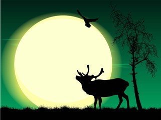 Deer on a glade near a tree under the moon